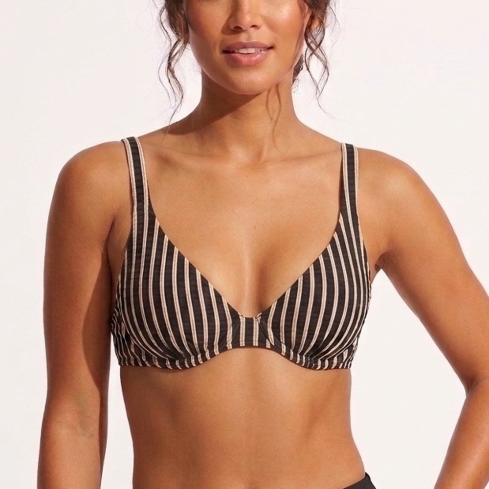 Shade & Shore Black Tan Striped Underwire Bikini Swim Top 32B